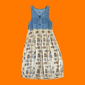 90's vintage denim abstract rayon maxi dress MEDIUM